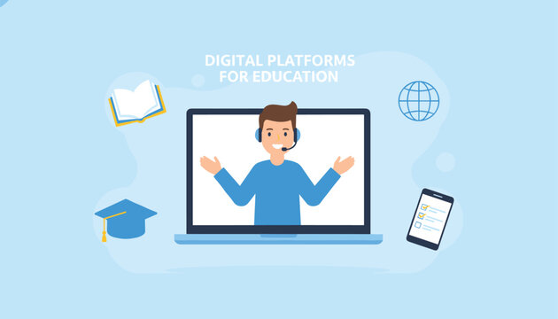 Online teacher on a laptop screen conducts a remote class, highlighting the benefits of digital platforms for education.