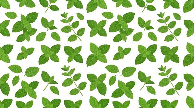 Seamless pattern of fresh green mint leaves on white background