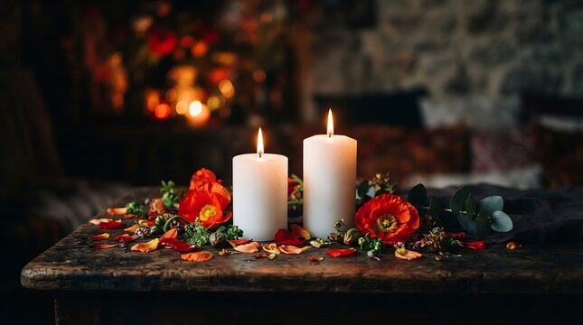 Two white pillar candles glowing on a rustic wooden table with festive holiday decorations and warm bokeh background
