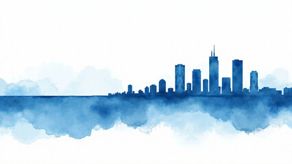 Fototapeta premium Minimal blue watercolor Miami skyline with flowing brush textures on white background close-up view copy space at bottom right