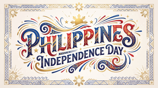 Celebratory ornate text artwork design with vibrant intricate typography _ Philippines Independence Day _ Araw ng Kalayaan ng Pilipinas