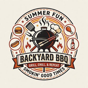 Retro summer backyard bbq emblem with grill and food icons