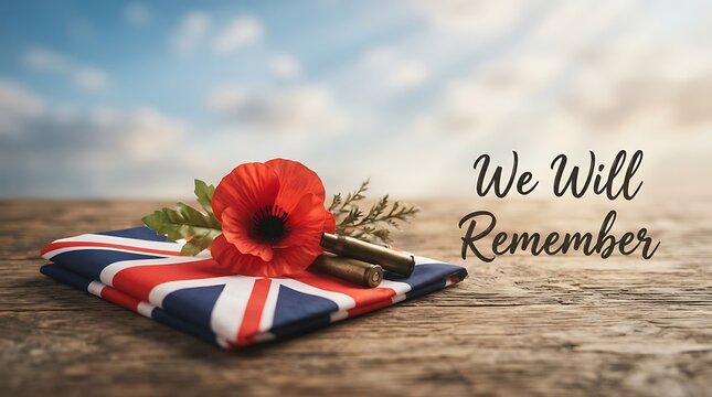 Remembrance day concept with a red poppy flower resting on a folded british union jack flag background