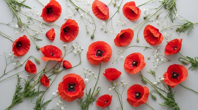 Top view of beautiful red poppy flowers arranged on a light grey background with green stems