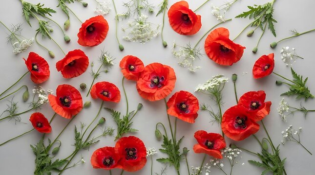 Beautiful bright red poppy flowers arranged on a light grey background with white filler flowers