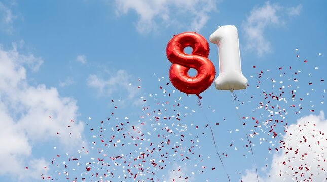 Red and white number 81 foil balloons floating with confetti in blue sky background