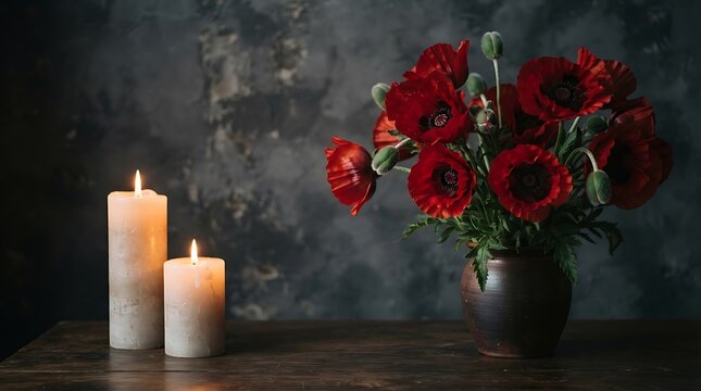 Still life composition featuring a bouquet of dark red flowers and two burning candles on a rustic wooden table