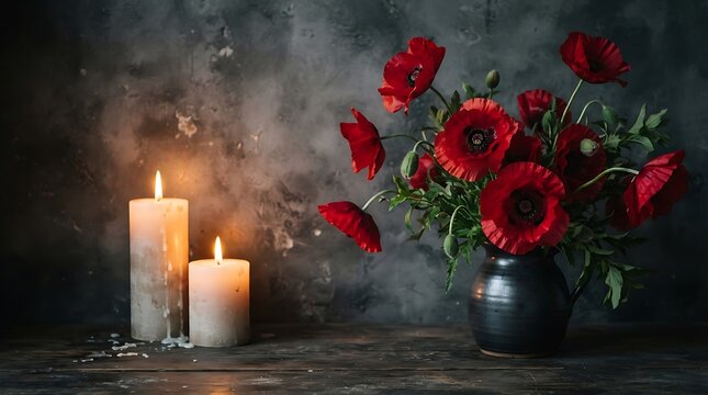 Still life composition featuring a bouquet of vibrant red poppies in a vase with glowing candles