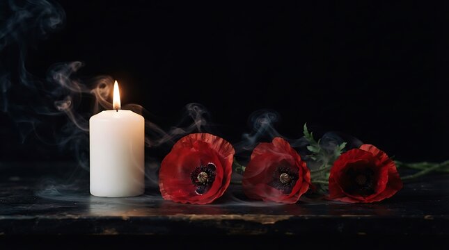 A single white candle burning next to red poppy flowers on a dark wooden table background