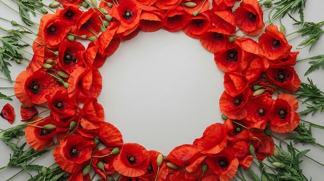 Beautiful wreath of vibrant red poppy flowers surrounding a circular white space for text or design
