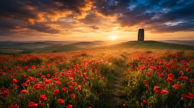Stunning sunset over a vibrant field of red poppy flowers with a distant stone monument on a hill