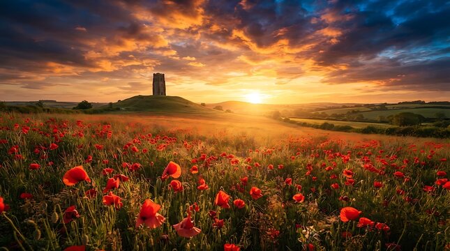 A breathtaking sunset over a vibrant field of red poppies with an ancient stone tower in the distance