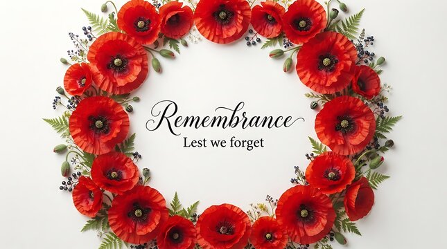 Beautiful wreath of red poppy flowers with calligraphy text remembrance day on a white background
