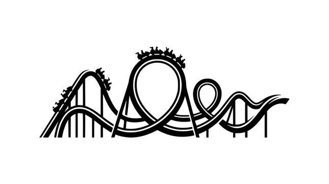 Roller coaster vector illustration featuring black silhouette of twisting amusement park tracks loops trains and extreme drops