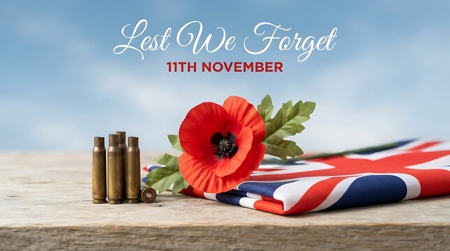 Remembrance day concept with red poppy flower british flag and bullet casings on a rustic wooden surface