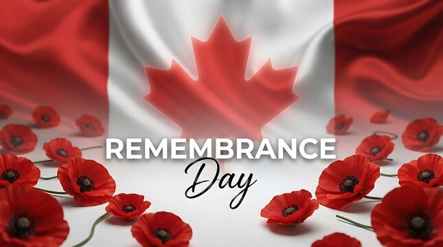 Remembrance day background with red poppy flowers and a canadian flag waving in the background for national commemoration