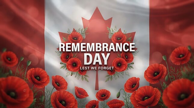 Remembrance day background with red poppy flowers and a canadian flag maple leaf symbol for national commemoration