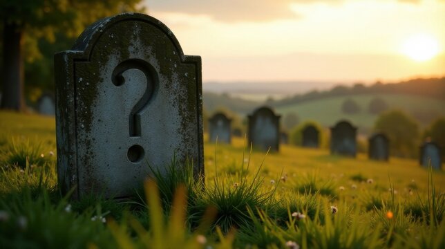 A weathered headstone, etched with a question mark, stands alone in a serene graveyard bathed in the golden hues of sunset, amidst a field of vibrant green grass.