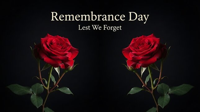 Remembrance day memorial background with two red roses isolated on a black background for solemn tribute