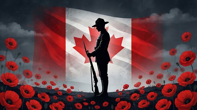 Silhouette of a canadian soldier standing in a field of red poppies with the canadian flag background
