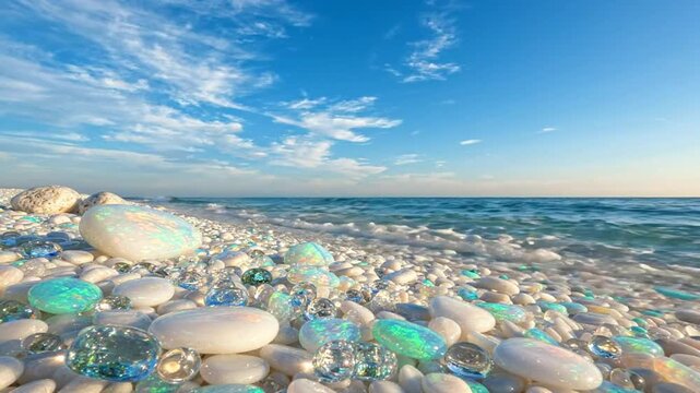 Beautiful Seashore with Sparkling Opal Gemstones and Glowing Crystals on White Pebble Beach Shoreline