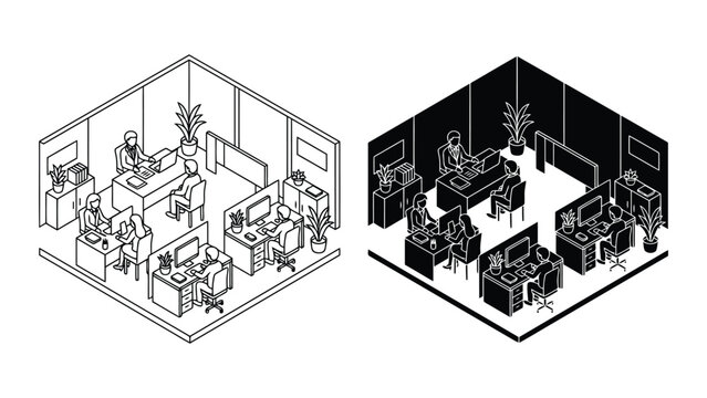 Isometric office workspace layout with staff and furniture isometric workspace