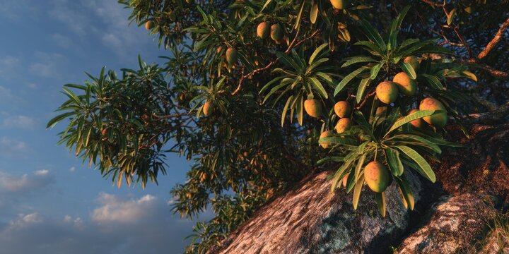 Mango tree with fruit and foliage against a blue sky and sunlight