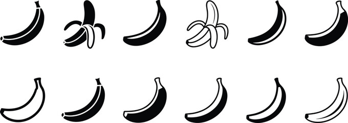 Collection of Banana Icons in Black and White on Transparent Background vector © Md