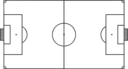 Top view schematic illustration of a professional soccer field with white lines on a black background © Creative Corner