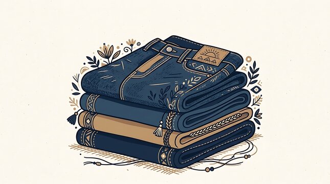 Folded denim jeans stack with bohemian pattern details