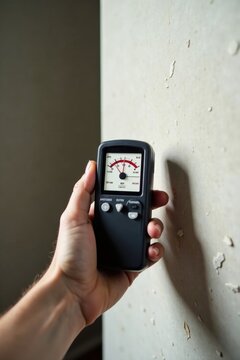 A hand holds a device measuring moisture levels in a wall with peeling paint