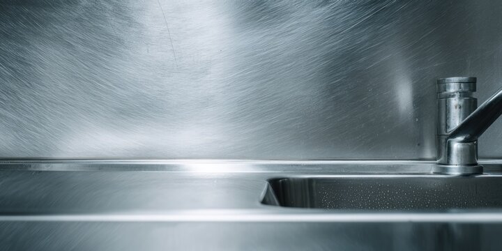 Metallic sink and faucet in close up view against brushed steel background