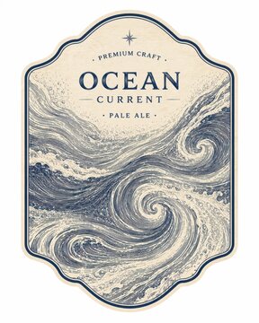 Vintage ocean current wine label design for breweries and wineries. Classic nautical crest emblem with swirling wave patterns and elegant typograph...