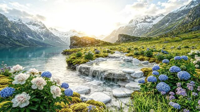 Breathtaking Mountain Lake Landscape Featuring Vibrant Flowers and a Crystal Clear Flowing Stream