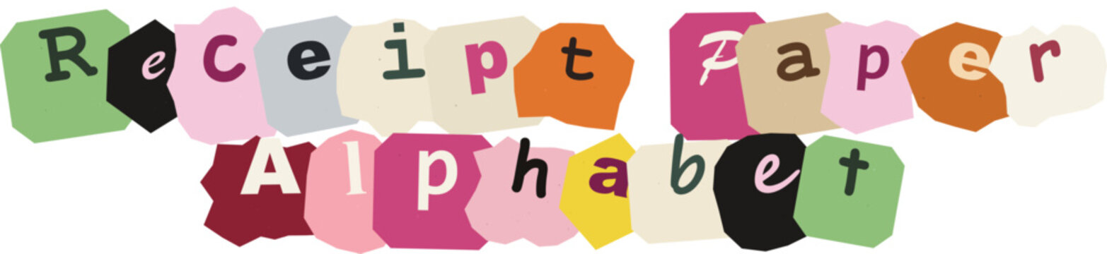 Torn receipt paper alphabet letters set in colorful ransom note cutout collage style