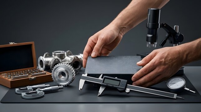 Engineer measuring precision mechanical part with digital calipers.