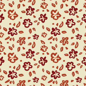 Hand-drawn floral warm strokes in the form of a seamless pattern. Grunge brush texture. Simple daisy.
