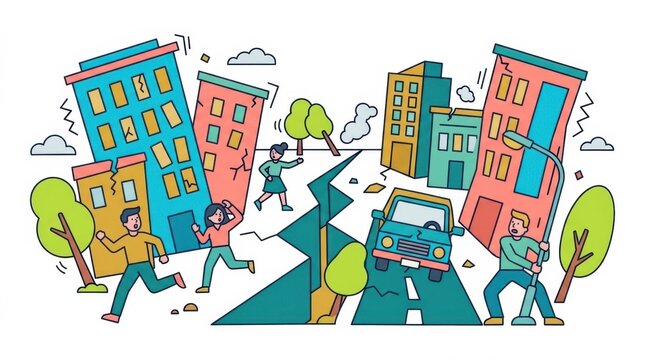 Cartoon illustration of a city earthquake disaster with buildings