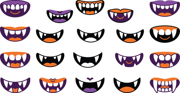 Set of colorful cartoon monster mouths with sharp fangs for halloween party decorations and creative designs