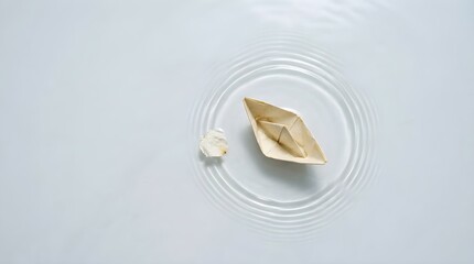 Minimalist origami paper boat floating on clear water surface creating gentle circular ripples with a white petal, representing peace, hope, and new beginnings.