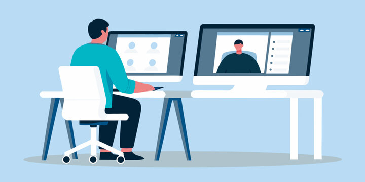 remote worker at desk flat vector illustration computer video call office chair workstation virtual meeting design blue background communication collaboration professional workspace technology