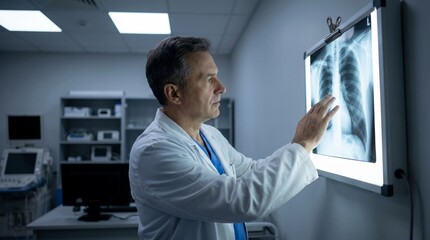 Fototapeta premium Doctor Examines Chest X Ray in Dimly Lit Modern Hospital Radiology Room