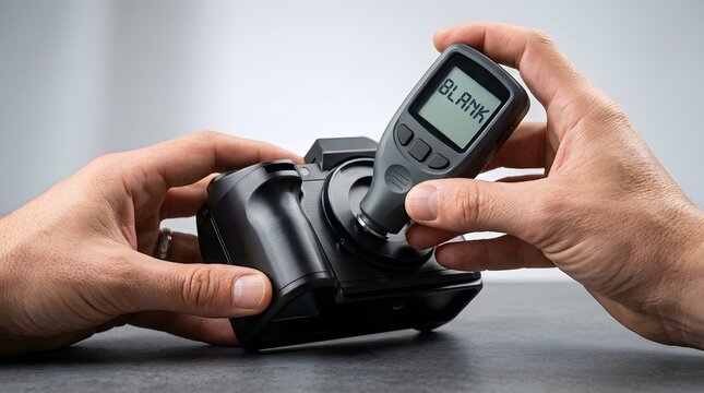 Professional photographer attaching a light meter to a digital camera for precise exposure settings.