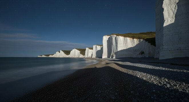 Moonlit white cliffs casting long shadows over a silent pebble strand, serene nocturnal mood