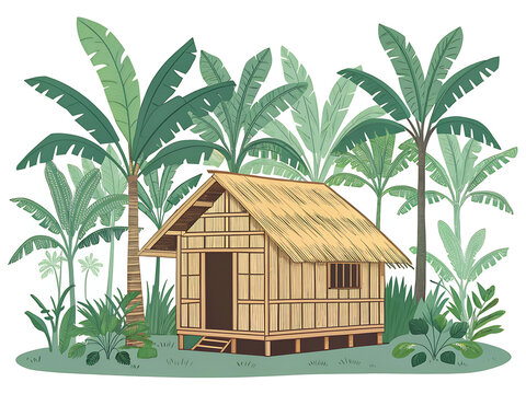 Tribal bamboo hut surrounded by banana trees