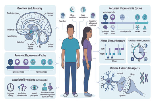 Kleine-Levin Syndrome infographic illustrating recurrent hypersomnia, neurological symptoms, diagnosis, and patient education effectively clearly.