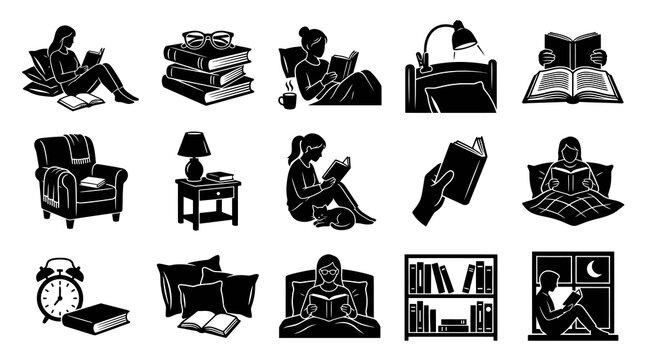 Reading Icons: People, Books, Armchair, Lamp, Bookshelf, Alarm Clock in Black and White Glyph Style
