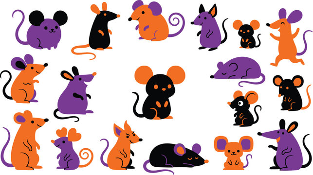 Set of cute hand drawn mice in orange purple and black colors for a fun halloween party decoration