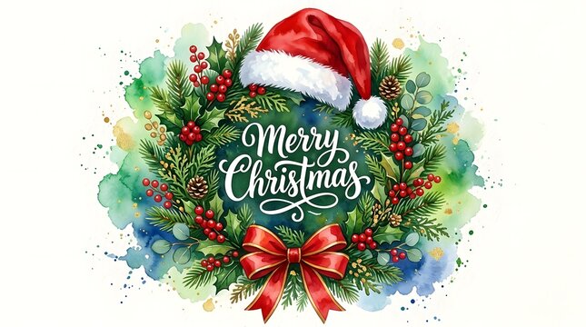 Watercolor christmas wreath illustration featuring a festive santa hat and elegant calligraphy text on a clean white background