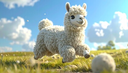 Obraz premium Cheerful fluffy baby llama running playfully through a sunlit green meadow under a bright blue summer sky